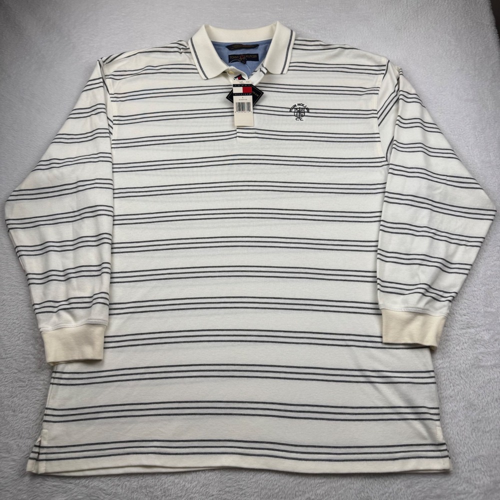 New! Tommy Hilfiger Golf Polo Shirt Men Large White Striped Long Slv Plum Hollow